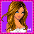 A 48x48 pixel buddy icon featuring a cartoon woman with long brown hair and blue eyes on the left, next to a pink heart-shaped text bubble reading "In Love" on the right, all within a purple square frame bordered by pink checkered patterns.