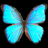 Pixelated butterfly with four wings in shades of cyan and light blue, brown body segments, against solid black background.