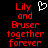 Red pixelated text on black background reads "Lily and Bruser together forever" with a white heart symbol above the first line.