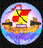 Circular pixelated icon shows a yellow ship with red sails on blue water, black hull details, and purple accents under a light pink sky.