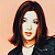 Pixelated portrait of a person with shoulder-length dark brown hair, closed eyes, and light skin tone against a peach background.