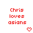 Red pixelated text reads 'Chris loves asians' in three lines with a red heart icon below, displayed twice side-by-side on white background.