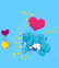 Pixelated Care Bears characters on clouds with stars and hearts against a light blue background.