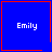 Four blue squares with red borders display the name 'Emily' in white text, with a red heart in the top-right square and a red starburst in the bottom-right square.