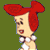 Pixelated cartoon character with red hair and white dress on olive background next to green text reading "Original Icons .com" in pixel font.