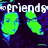 Pixelated green cartoon character faces with blue outlines against a dark purple background, under white text reading 'friends' in blocky font.