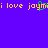 Yellow pixelated text 'i love joymi' repeats across a solid purple background with green cursor-like pixels over the second 'joymi'.