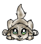 Animated cartoon animal with light brown fur, green eyes, and a small black nose lying down on gray background.
