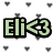 Pixelated icon with light green text 'Eli' and '<3' on black background, surrounded by small gray heart shapes.