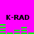 Bright pink background with four 'K-RAD' text blocks and green audio equalizer bars in two , each showing different bar patterns