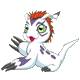 Animated sequence of a small dragon-like creature with orange hair, green eyes, and white body showing multiple poses against gray background.