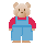 A 4-frame pixel art animation of a light brown teddy bear in blue overalls and red long sleeves, showing different arm poses across frames on a gray background.