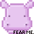 A 2x2 contact sheet of four identical pixel art frames showing a light purple cartoon animal with small dark eyes and rounded ears, each frame containing the text "FEAR ME." in different colors.