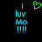 Pixelated cyan text 'I luv Mo !!!!' on black background with green heart symbol above.