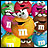 Pixelated image of multiple M&M candy characters with distinct colors and white 'm' logos on their bodies, arranged in a grid-like composition against a multicolored background.