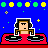A 5x5 contact sheet of pixel art frames showing a DJ character with headphones at turntables, featuring text bubbles and color variations across sampled animation frames.