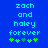 Blue background with cyan pixelated text 'zach and haley forever' and green pixelated symbols below, showing two animation states where the third symbol shifts position.