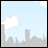 Pixelated cityscape background with light blue sky and white clouds, text appears sequentially across frames forming a phrase about hiding a broken heart behind a laughing face.