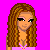 Pixel art of a female character with long brown hair, wearing pink top and blue jeans with pink accents on a bright pink background.