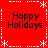 Red square icon with white dashed lines and snowflakes forming a border, four instances of 'Happy Holidays' text in black pixelated font.
