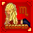 A pixelated animated buddy icon featuring a blonde woman in a red frame with zodiac symbols and text elements on both sides of the image.