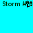 Static image with cyan background displaying two identical text strings 'Storm #18' in dark green pixelated font, each with a black pixelated symbol between them.