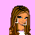 Pixel art contact sheet showing three frames of an animated icon with a cartoon woman, her torso holding a purse, and clothing items against a pink background with "I love you!" text.