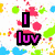 Pixelated icon with four distinct sections: top-left shows "I luv" text over colorful splatters, top-right has "somone special whos the hug" text, bottom-left displays "missing piece of my heart" in red, bottom-right lists "laugh smile love" words with heart icons.