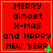 Red square with green border displays 'MERRY almost X-MAS and HAPPY NEW YEAR' text; four identical show pixelated green star animation at bottom-right corner