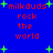 Blue background with red text reading 'milkduds rock the world' and green plus signs scattered throughout.
