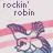 Pixelated icon with 'rockin' robin' text above a character in motion against pink and white stripes, one version includes a heart symbol.