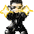Pixelated character in black tactical gear holding dual pistols with yellow starbursts, standing against gray background.