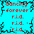 A static image with a bright cyan background and black jagged border, displaying repeated red text "dancing forever" above three lines of "r.i.d.".