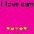 Pixelated text 'i love cam' repeats across a bright pink background with two of green and brown pixel symbols below