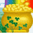 Animated golden pot with green clovers, rainbow and flame background elements shifting between frames.