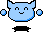 Pixelated blue cat-like creature with closed eyes and a smile, standing on black platform against gray background, surrounded by floating light-blue spheres.
