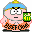 Pixelated cartoon character with light blue cap, pink face, and orange patterned outfit holding green object in left hand.