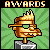 Pixel art icon showing a golden trophy with flame-like top on stone base, green radiating background, and 'AWARDS' text at top.