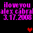Pixelated pink text on black background with red heart symbols, displaying 'iloveyou alex cabral 3.17.2008' in two