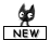 Four-frame animated contact sheet showing a black cartoon cat mascot with large white eyes and pixelated edges, each frame featuring the word NEW below the character against a gray background.