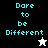 Pixelated text 'Dare to be Different' in cyan on black, white, and gray backgrounds with a star icon changing from white to black.