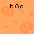 Orange background with repeating pixelated pumpkin and candy icons, black text 'boo.' at top-left, bottom-left, and right edges.