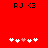 Red background with black text 'RJ' and '<3' at top, five white plus signs below where the third sign is pink in one view.