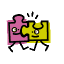 Two pixelated puzzle-piece characters, one pink and one yellow, interact in various poses with visible motion lines.