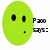 Four green oval icons with black eyes and small mouth, each showing different text in pixelated font.