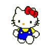 Hello Kitty avatar with red bow, blue overalls, and yellow shirt in four pixelated poses showing flower props.