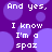 Purple background with overlapping light purple circles and white pixelated text reading "And yes. I know I'm a spaz" repeated in a pattern