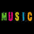 Four pixelated display text fragments: 'MUSIC' in multicolor letters, 'IS' over a colorful burst, 'my' on green foliage, and 'LIFE' on purple swirls
