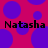 Pixelated text 'Natasha Natasha' in black on a pink background with purple circles, static image.
