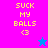 Pixelated text 'SUCK MY BALLS <3' in yellow on a split background of pink and blue, with a small star icon changing color between blue and pink.